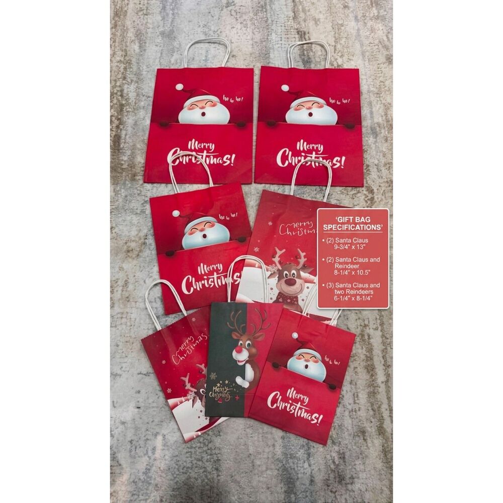 14 Merry Christmas Santa Claus Reindeer Gift Bags mixed sizes red green